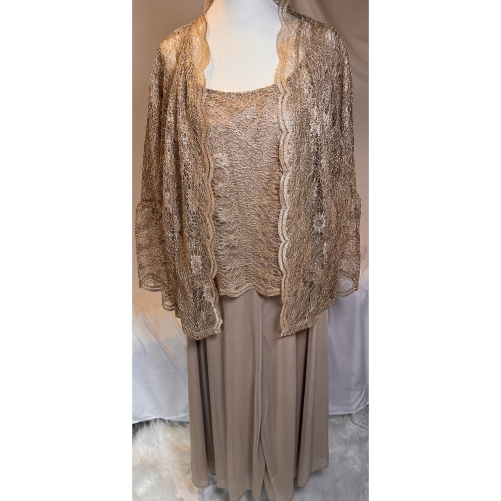 Roman's Gold Glitter & Lace Size 22W Maxi Tank Dress Matching Gold Lace Jacket